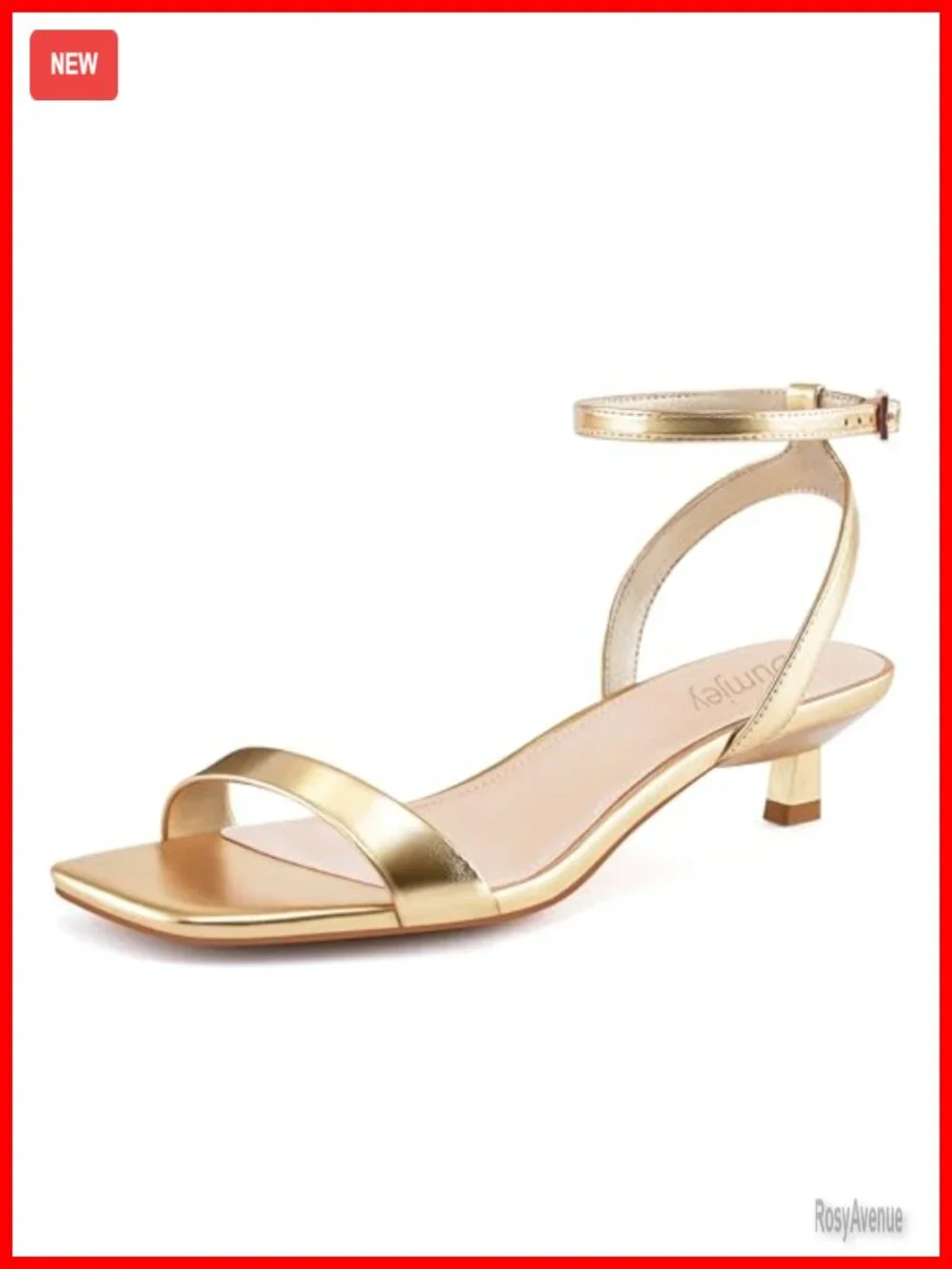 Gold Kitten Heeled Sandals Square Open Toe Ankle Strap Sandals